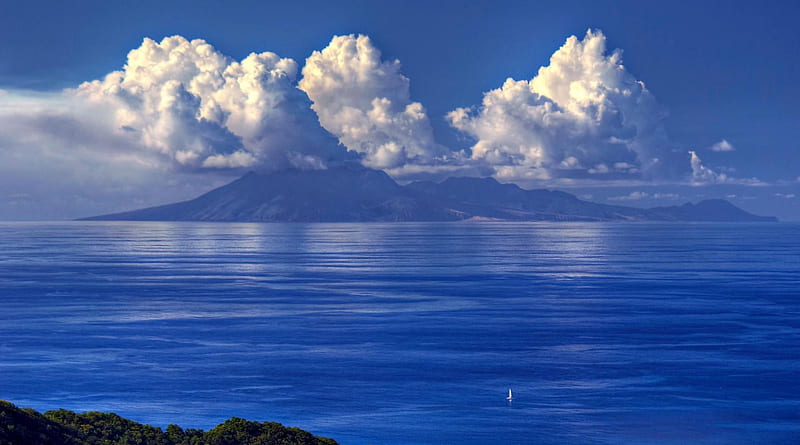mighty volcanic island, volacno, island, sailboat, smoke, sea, HD wallpaper mighty volcanic island, volacno, island, sailboat, smoke, sea, HD wallpaper