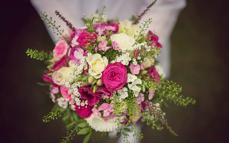 bouquet of roses, wedding bouquet, bride, wedding concepts, bouquet in hands, pink roses, HD wallpaper