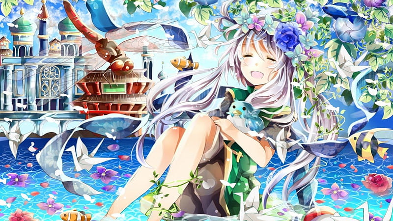 Cute Anime Girl, white hair, blush, paper planes, adorable, flowers, papers, art, female, fishes, open mouth, birds, bugs, skirt, smile, roses, cute, water, girl, HD wallpaper