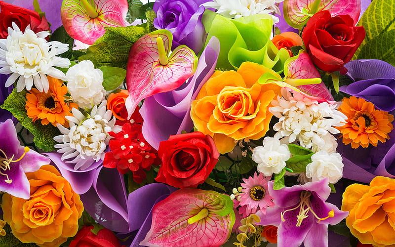 lilies, chrysanthemums, roses colorful flowers, bouquet, HD wallpaper