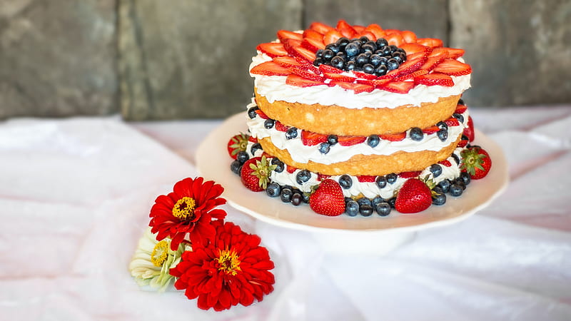 Food, Cake, Berry, Blueberry, Flower, Strawberry, HD wallpaper
