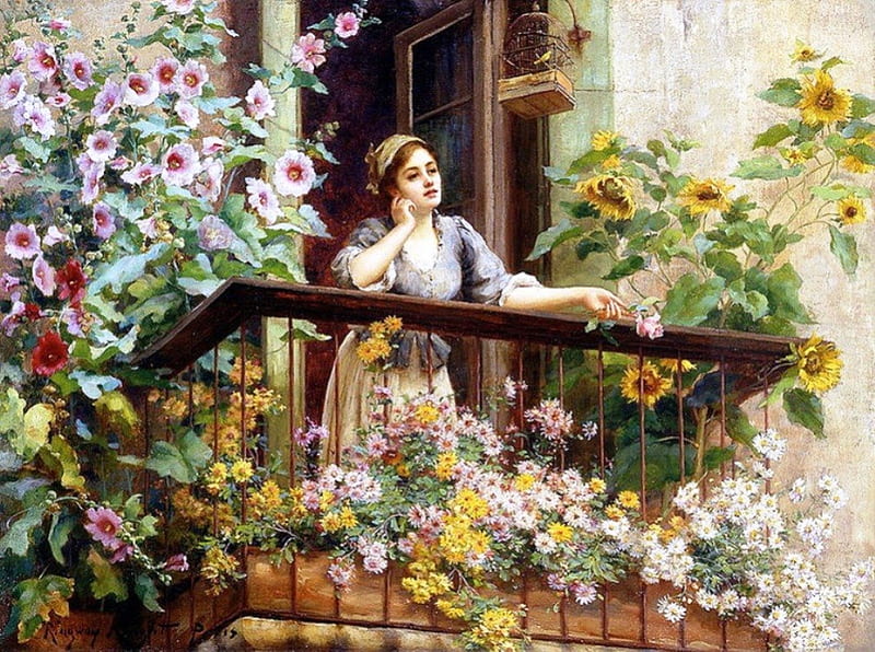Woman in balcony, art, balcony, woman, entertainment, painting, summer, painter, flowers, beauty, nature, HD wallpaper