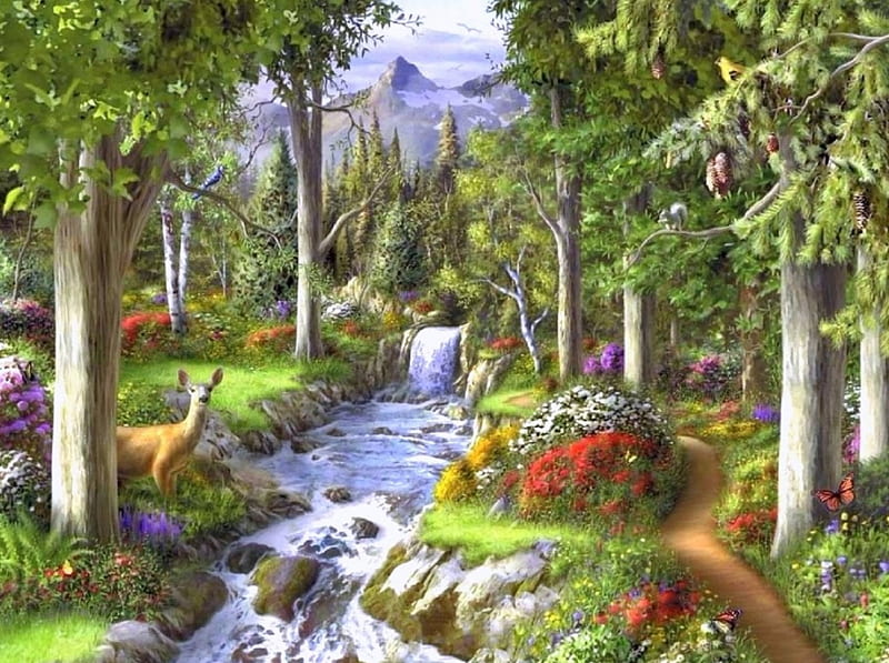Calming Streams, love four seasons, attractions in dreams, trees, deer, parks, flowers, gardens, nature, streams, butterfly designs, falls, HD wallpaper