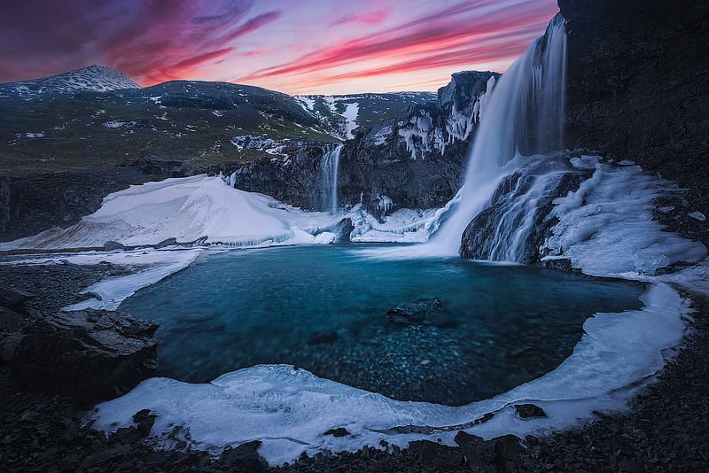 Sunset, Ice, Waterfalls, Mountain, Waterfall, , Iceland, River, Skógafoss, HD wallpaper