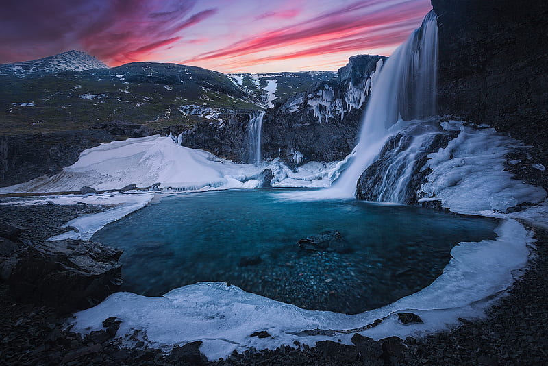 Waterfalls, Skógafoss Waterfall, Ice, Iceland, Mountain, River, Rock, Sunset, Waterfall, HD wallpaper