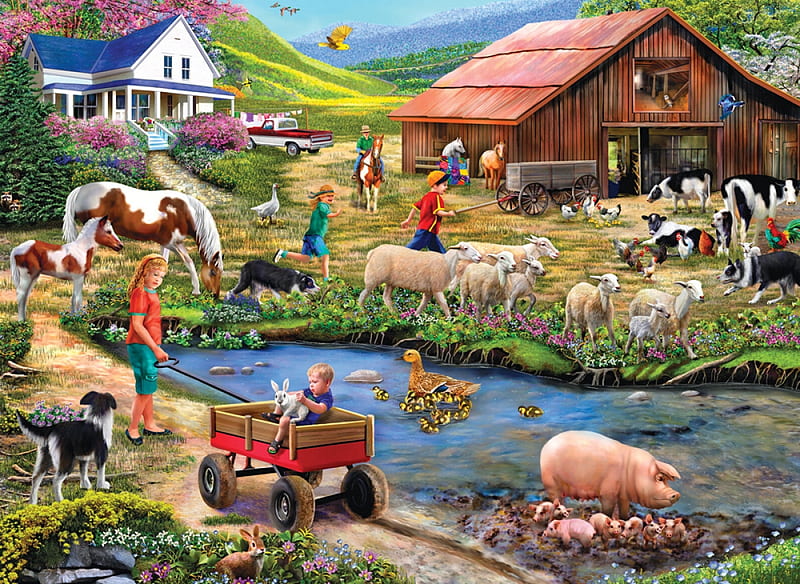 Relaxing Countryside, barn, animals, dog, pig, house, children, horse, artwork, pond, sheep, painting, HD wallpaper