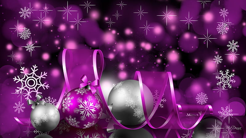 A Purple Christmas Delight, feliz navidad, glow, christmas, ribbon, magenta, firefox persona, silver, xmas, lights, purple, decorations, snowrlakes, bright, HD wallpaper
