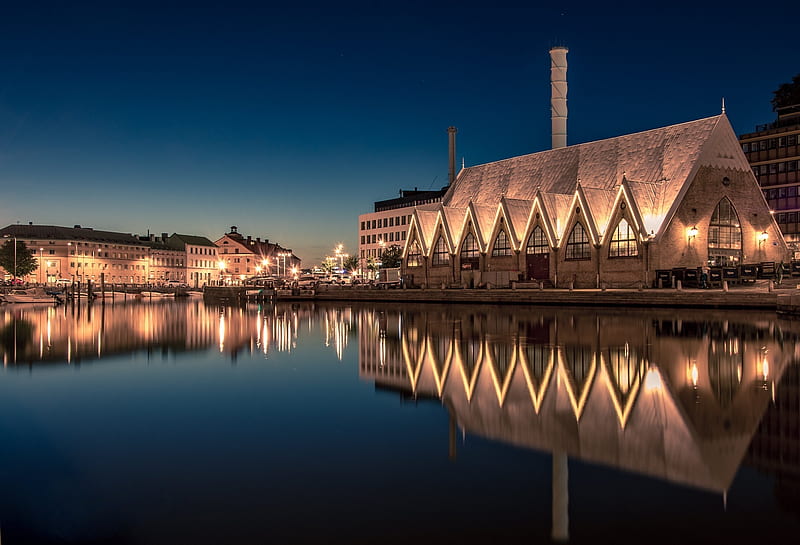 Gothenburg, Sweden, building, water, reflection, lights, evening, HD wallpaper