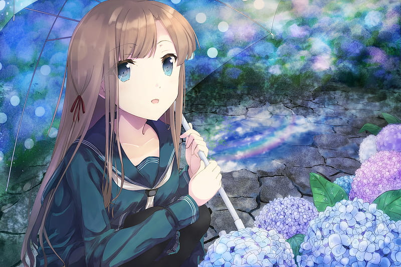 cute anime girl, school uniform, raining, umbrella, garden, Anime, HD wallpaper