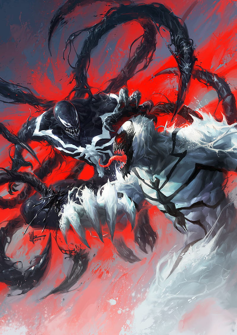 Venom vs Anti-Venom, symbiote, dark, balck, white, red, fight, tentacle, HD phone wallpaper