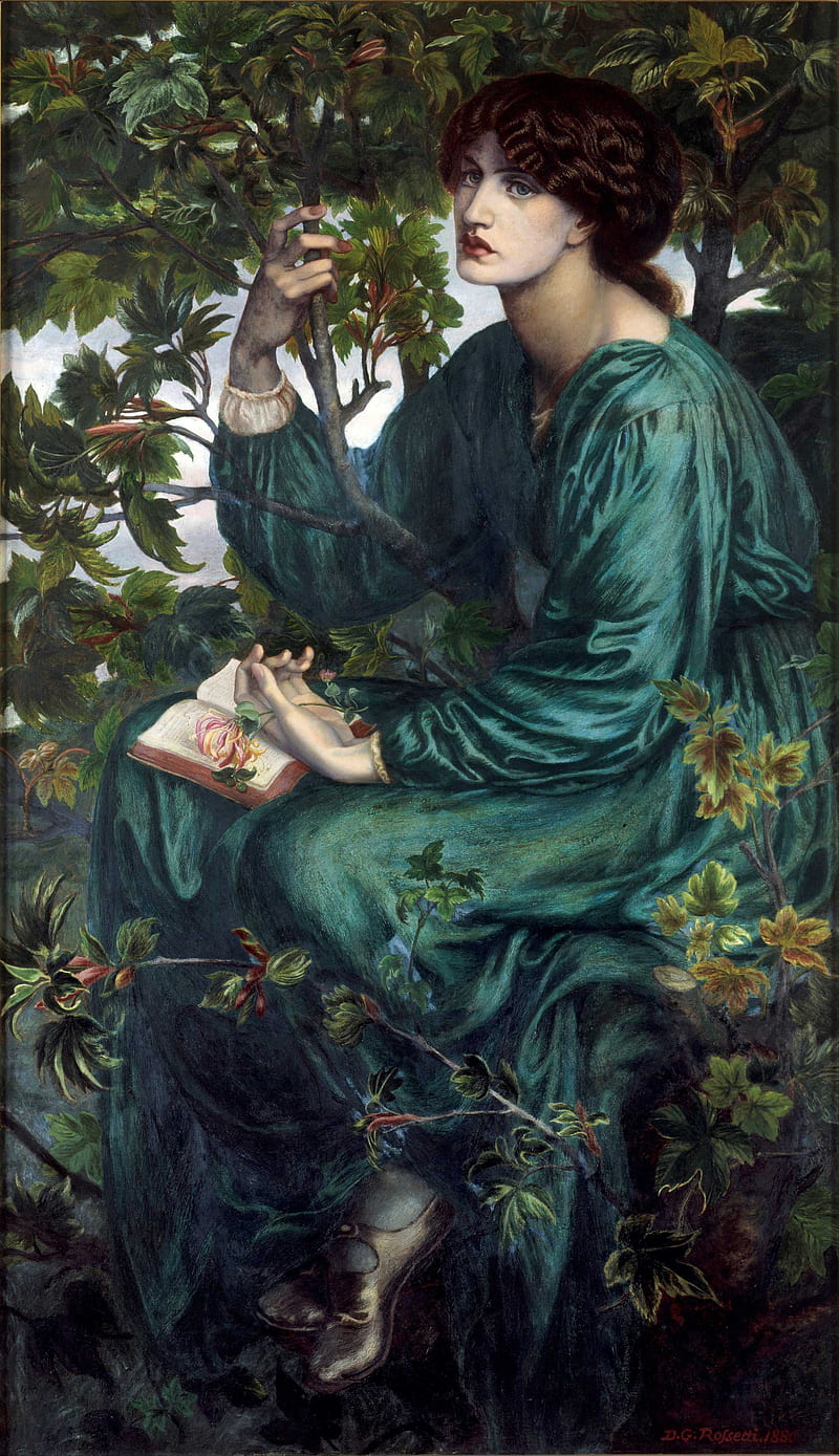 artwork, painting, women, Dante Gabriel Rossetti, books, trees, flowers, leaves, HD phone wallpaper