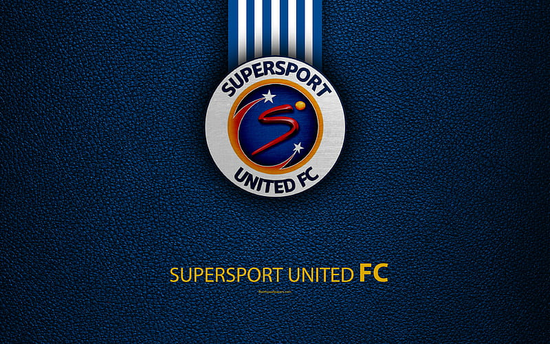 SuperSport United FC leather texture, logo, South African football club, white blue lines, emblem, Premier Soccer League, PSL, Pretoria, South Africa, football, HD wallpaper