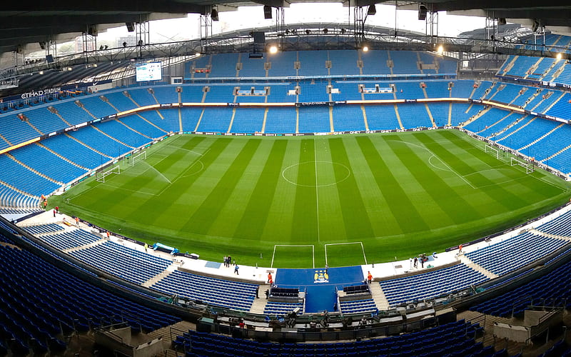 Etihad Stadium, green football lawn, field, football stadium, Manchester City, Premier League, England, HD wallpaper