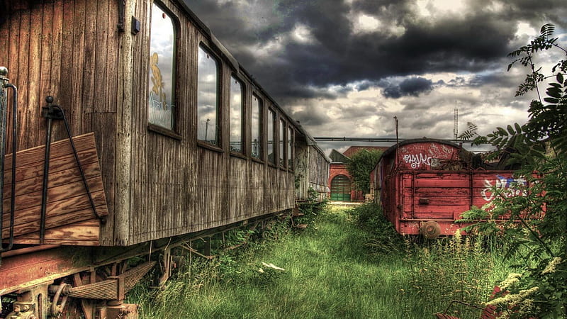 the end of the line r, graffit, grass, trains, r, clouds, old, HD wallpaper