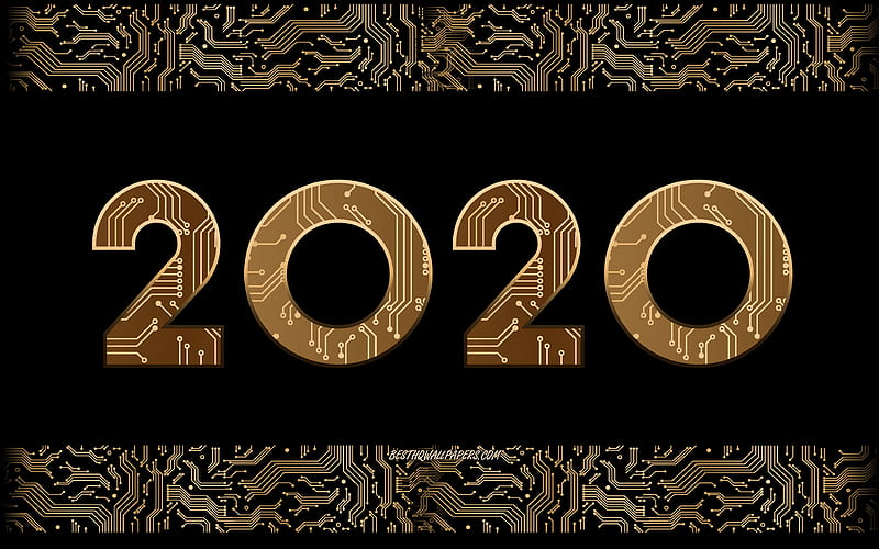 2020 Gold Background, Happy New Year 2020, Digital 2020 background, creative 2020 art, motherboard 2020 background, 2020 concepts, HD wallpaper