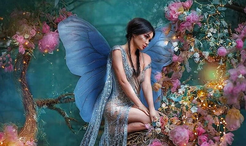 Butterfly Fairy, butterfly, art, fantasy, flowers, girl, woman, , fairy ...