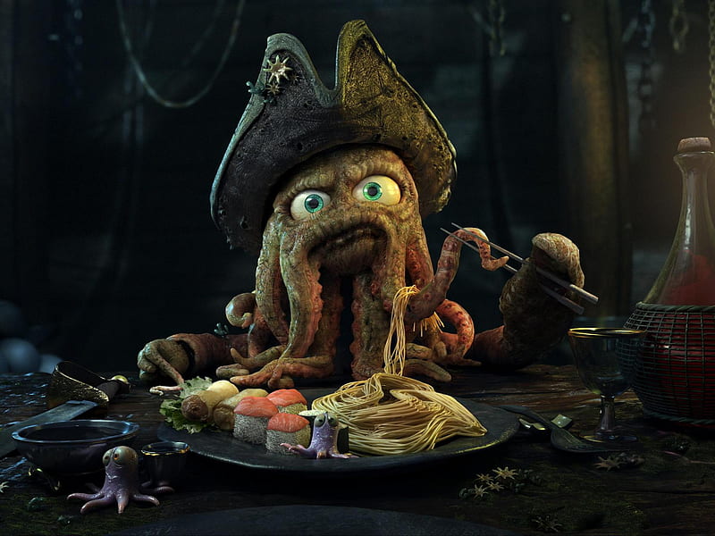 Bon Appetit, octopus, seafood, 3d, food, abstract, HD wallpaper
