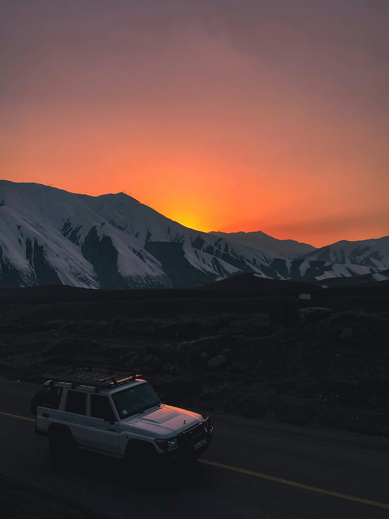 car, suv, white, sunset, mountains, road, HD phone wallpaper
