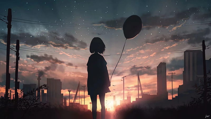 anime girl, back view, balloon, sunset, buildings, sky, Anime, HD wallpaper