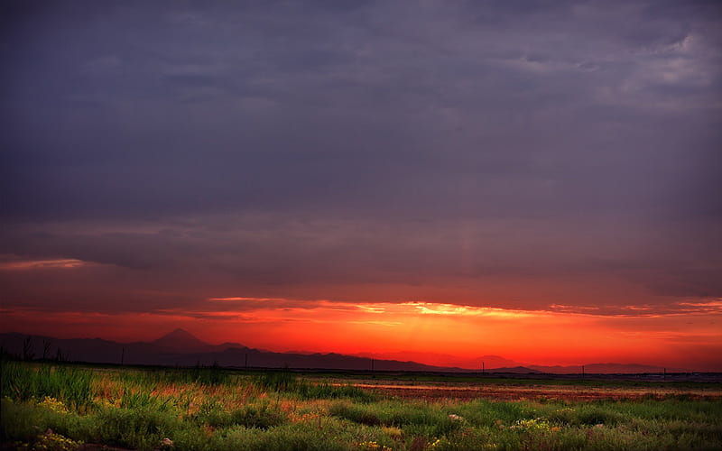 Far Away, grass, orange, bonito, sunset, clouds, dark orange, splendor, green, beauty, fields, sunrise, amazing, lovely, view, sky, mountains, sunet, peaceful, nature, field, landscape, HD wallpaper