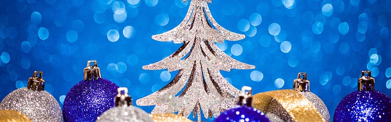 Christmas tree, balls, star, shine, light circles U ,, Panoramic Christmas, HD wallpaper