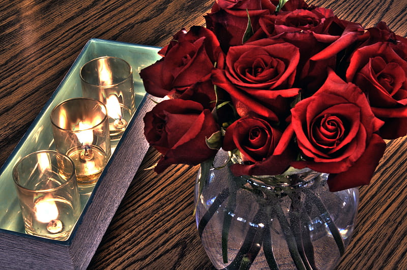 Red Roses, red, candle, pretty, lovely, romantic, romance, rose, vase