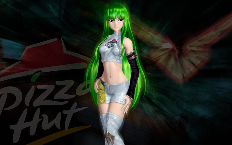 Sells Out, pretty, code geass, code cg, bonito, sweet, nice, anime, hot, beauty, anime girl, pizza, long hair, c c, izza hut, geass realistic, female, lovely, cc, black, bodysuit, sexy, yellow eyes, abstract, cute, 3d, girl, dark, sinister, green hair, pizza hut, HD wallpaper