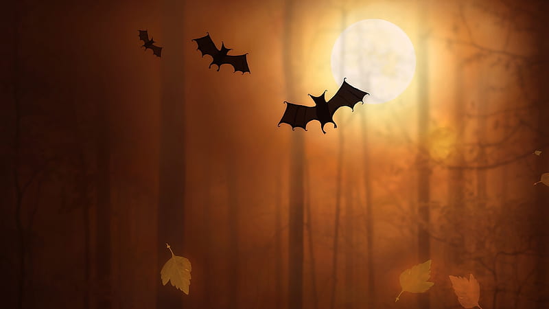 Bats Night Moon Trees Fallen Leaves, bats, night, moon, artist, digital-art, HD wallpaper