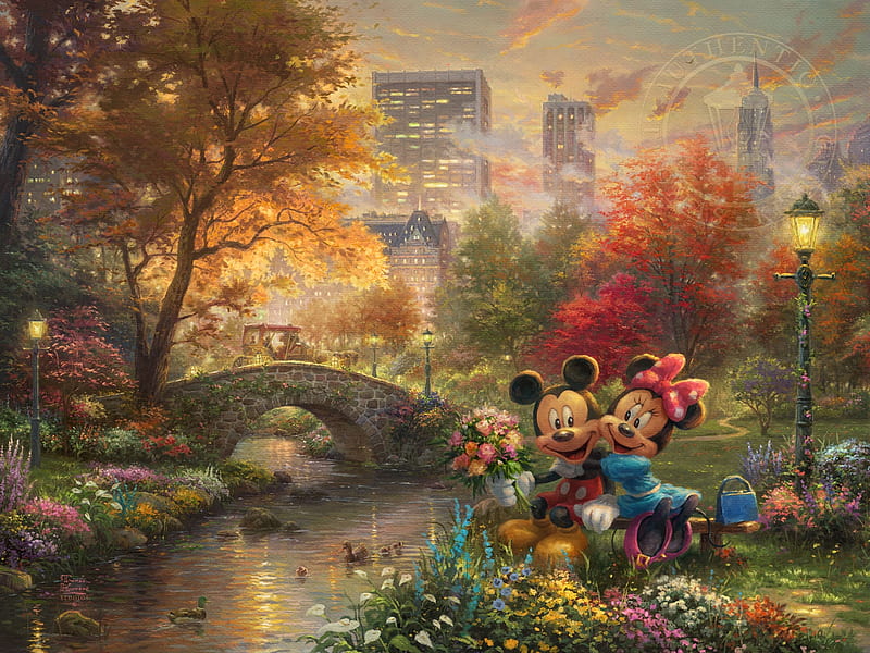 Mickey and Minnie - Sweetheart Central Park, lanterns, autumn, colors, coach, artwork, skyscrapers, leaves, bridge, painting, disney, HD wallpaper