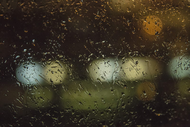 Glass window with tiny droplets from rain and bright lights of modern megalopolis, HD wallpaper