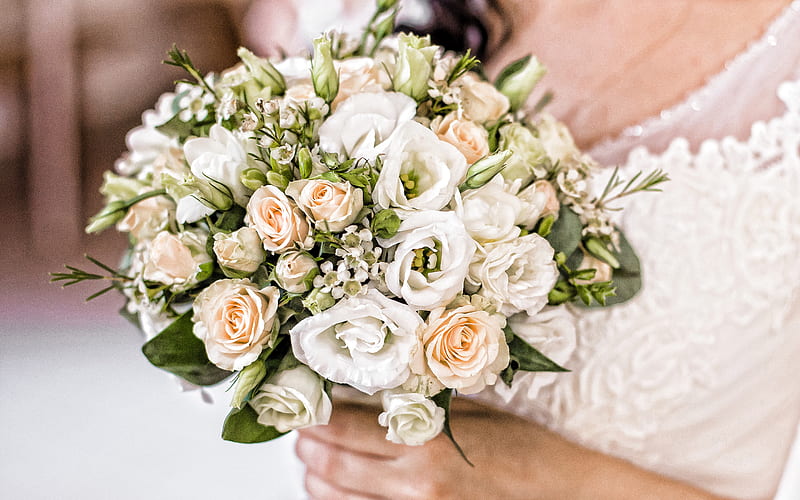 wedding bouquet, bride, wedding concepts, white roses, wedding ring, rose bouquet, HD wallpaper