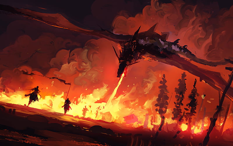 dragon, warriors, fire, battle, art, HD wallpaper
