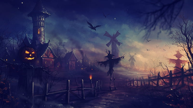 halloween, path, darkness, windmills, Fantasy, HD wallpaper