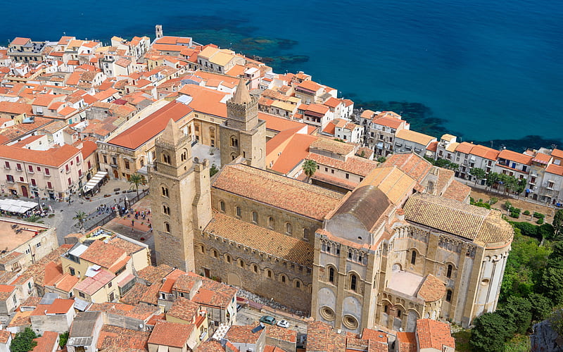 Cefalu Cathedral, aerial view, top view, Mediterranean Sea, Roman Catholic basilica, Cefalu, Sicily, Italy, Cefalu cityscape, HD wallpaper