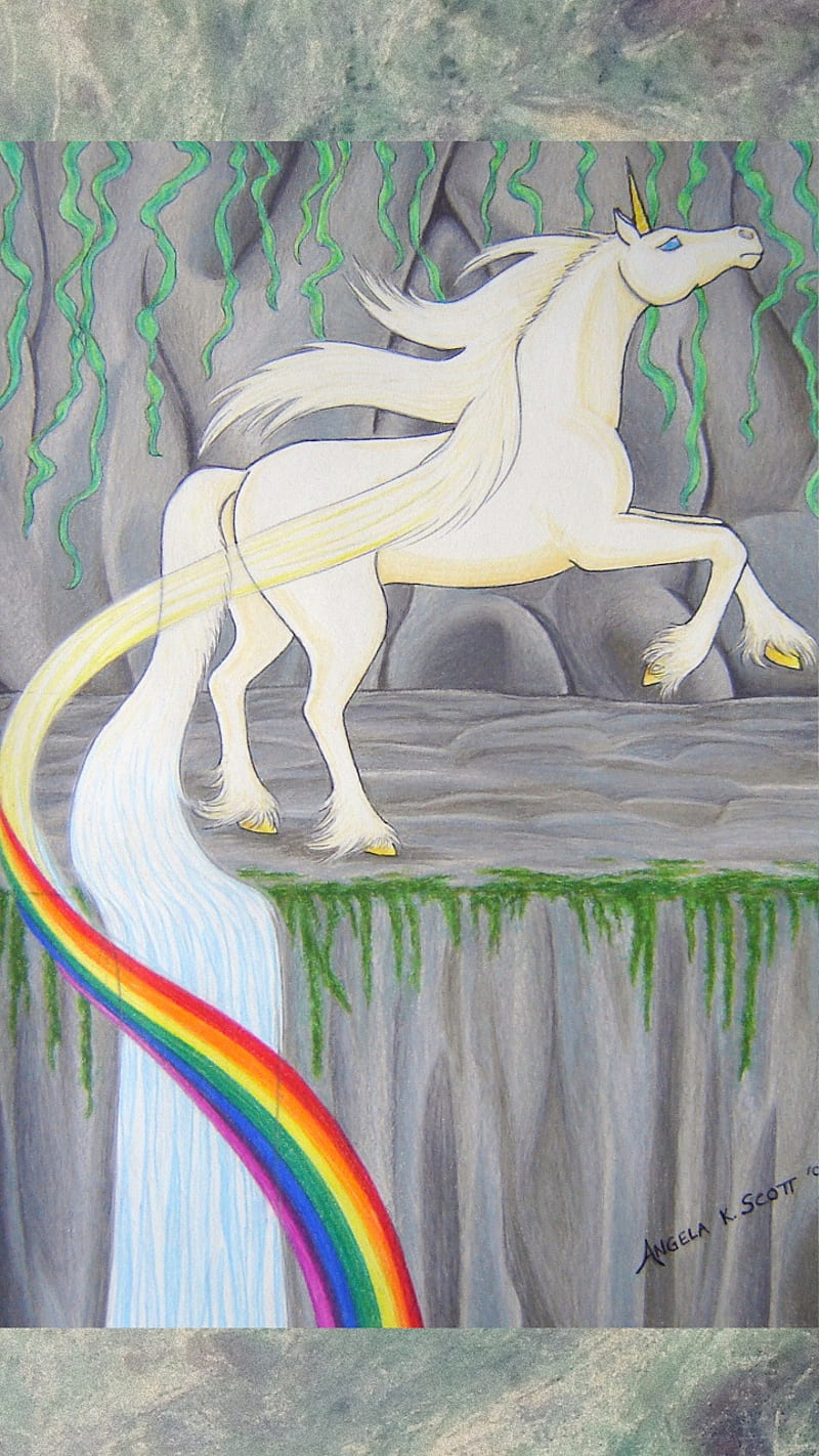 Unicorn Falls Art, drawn, fantasy, horse, magic, rainbow, rocks, waterfall, HD phone wallpaper