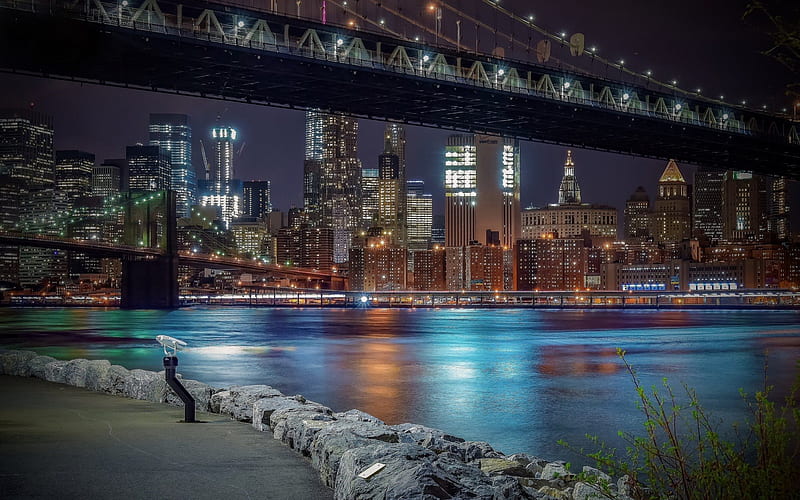 New York, Manhattan, USA, Night, Manhattan Bridge, Brooklyn Bridge, HD wallpaper