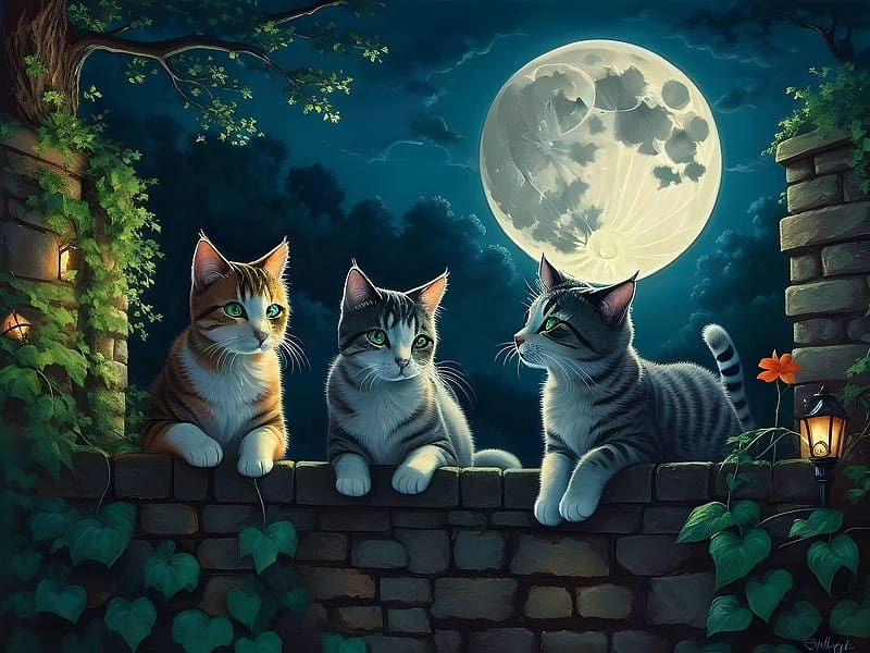 Cats in the moonlight, fal, ejszaka, festes, cicak, felhok, novenyzet, holdfenyben, HD wallpaper