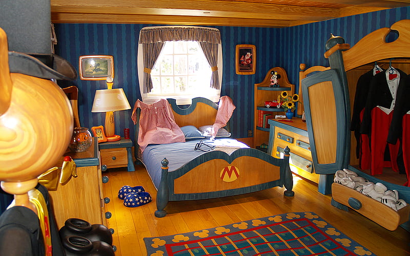 Mickeys room, pretty, rug, clothes, lamp, closet, window, glasses, bed, uniform, sunflowers, shoes, HD wallpaper