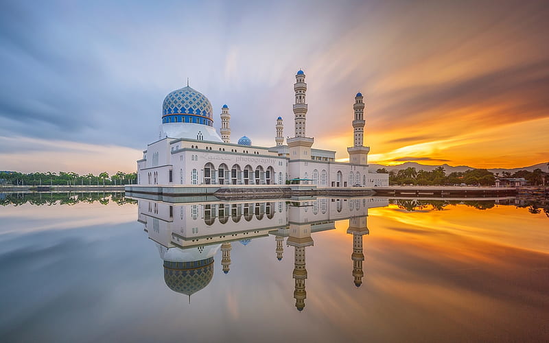 Kota Kinabalu City Mosque, sunset, Kota Kinabalu, Sabah, Malaysia, Asia, HD wallpaper