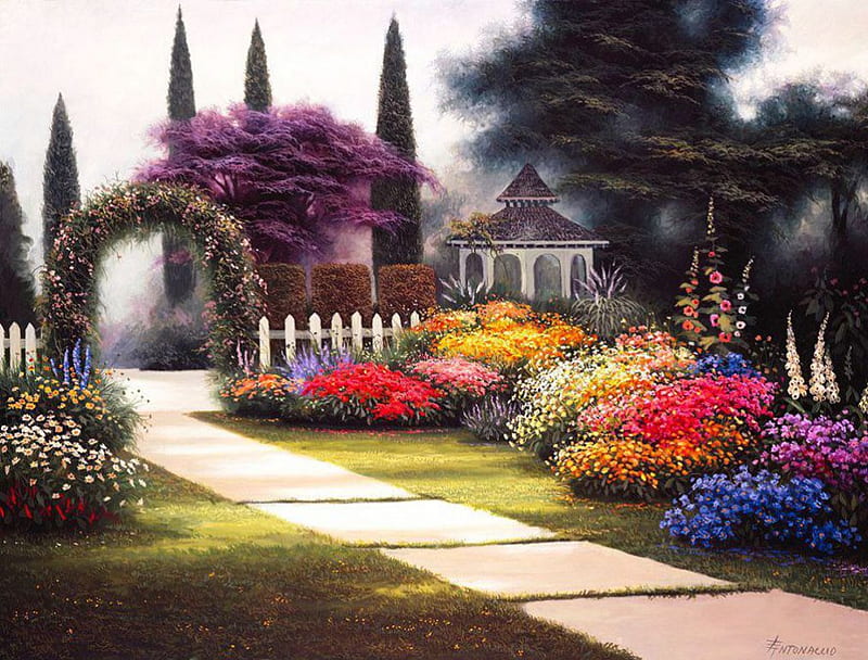 Garden Arbor, fence, painting, flowers, path, park, trees, gazebo, artwork, HD wallpaper