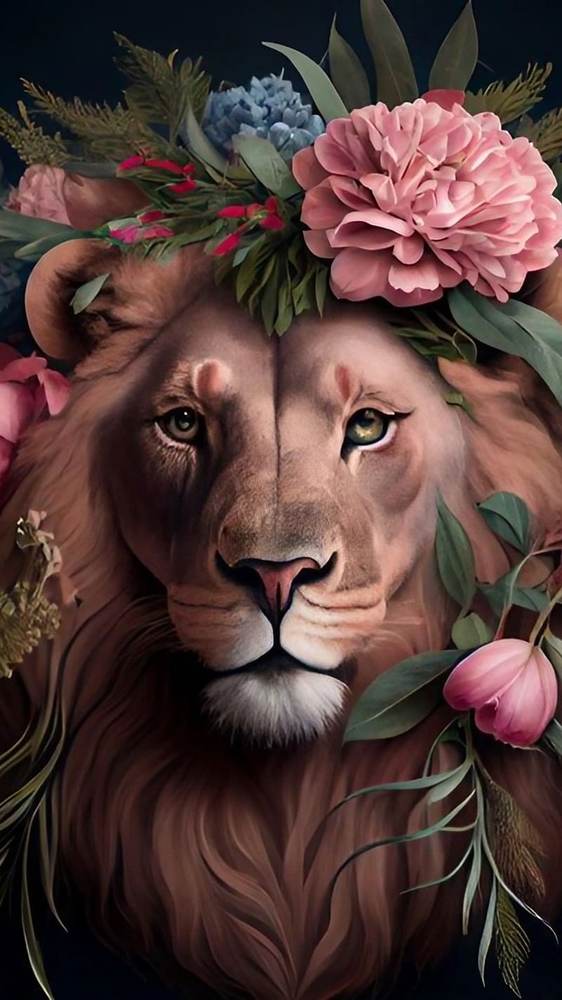 Lion , Animated Face With Flowers, animated lion face, flowers, king of the jungle, HD phone wallpaper