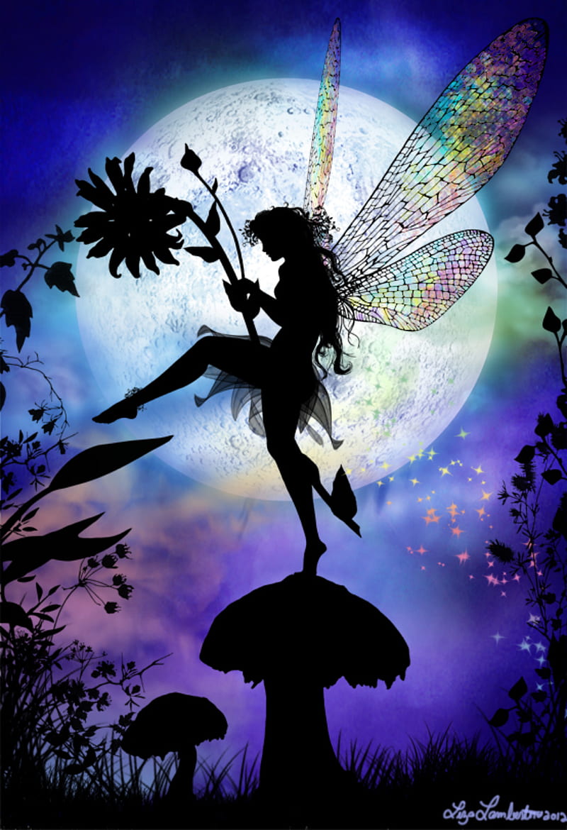 Dancing fairy, dance, magic, flowers, nature, mushroom, petals, night, moon, HD phone wallpaper