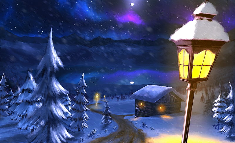 Burning lantern, House, Night, Winter, Trees, Drawing, Snow, HD wallpaper