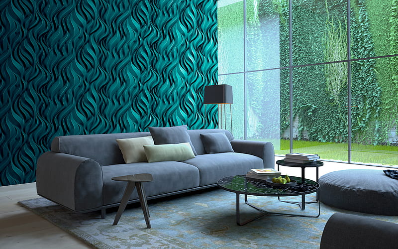 living room green interior, modern apartment, 3d panel, sofa, modern design, interior idea, HD wallpaper