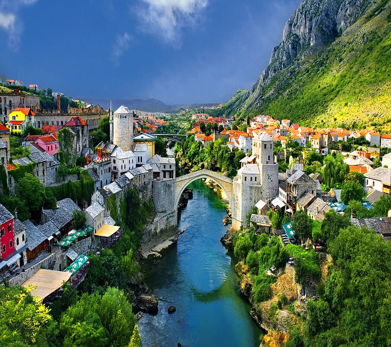Bridges, city, europe, mountain, river, town, valley, HD wallpaper