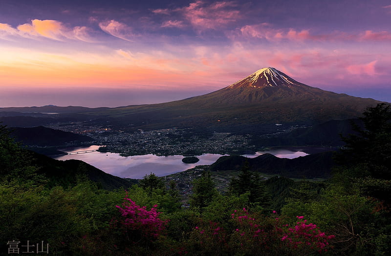 Reflective Valley Sunset, japan, cityscape, yellow, sunset, tall, valley, mountain, altitude, snow, flowers, shadows, sunrise, pink, Mount Fuji, blue, HD wallpaper