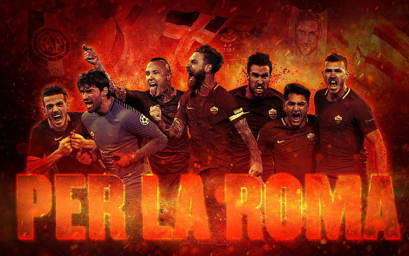 AS Roma, italian football club, art, Roma football players, Serie A, Italy, Daniele De Rossi, Edin Dzeko, Alessandro Florenzi, HD wallpaper