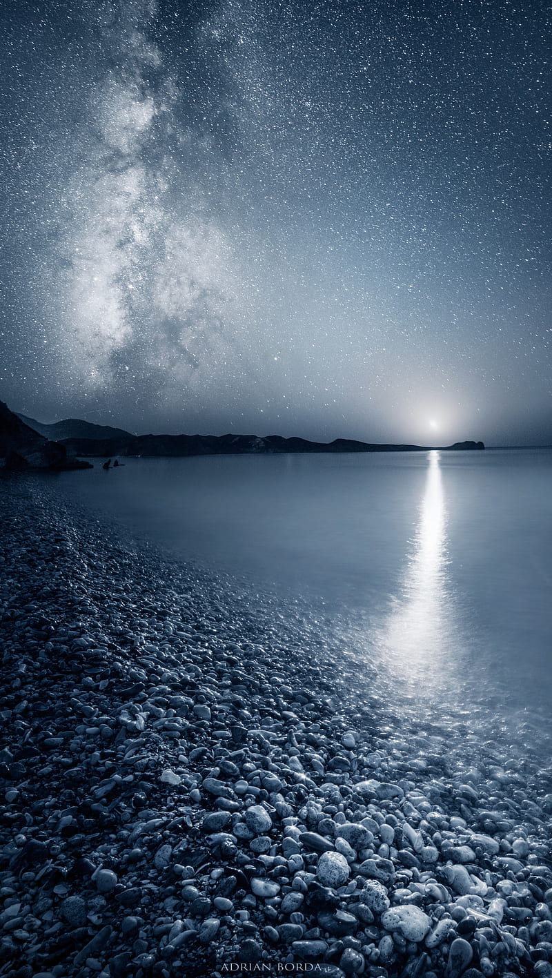 Reflecting Infinity, adrian, beach, edge, moon, night, ocean, stars, sea, HD phone wallpaper