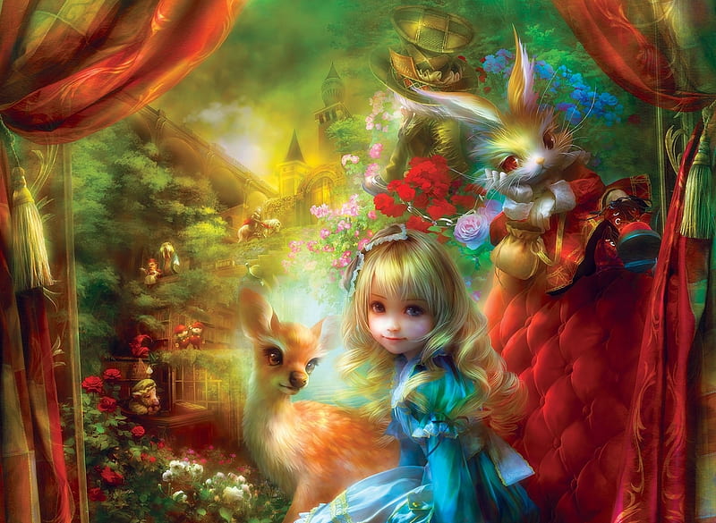 Alice, red, luminos, shu, deer, fantasy, green, girl, white rabbit, bunny, blue, HD wallpaper
