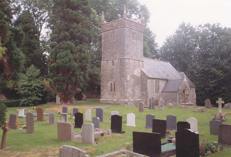 A Country Churchyard, somerset tower, gravestones, yew tree, churchyard, church, cemetary, square tower, HD wallpaper